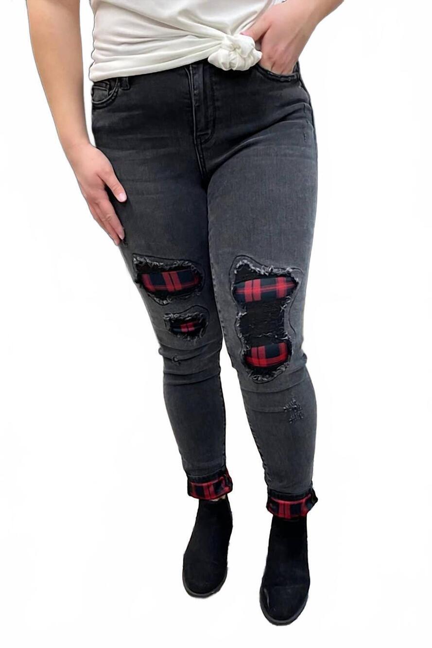 NEW JUDY BLUE women's rayann buffalo plaid patched jeans in black